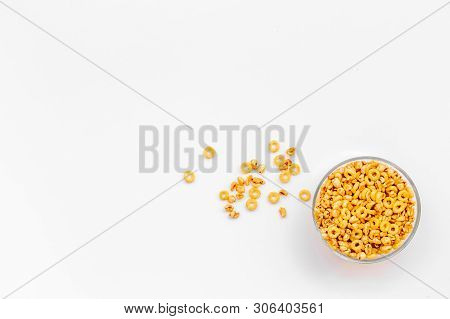 Cereals, Oatflakes And Cornflakes For Healthy Breakfast On White Background Top View Mock Up