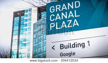 Dublin, Ireland - February 12, 2019: Grand Canal Plaza Building 1 Google Sign In Front Of The Irish 