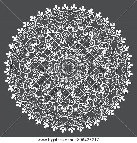 Mandala Lace Vector Pattern, Vintage Round Design With Flowers And Swirls In White On Gray Backgroun
