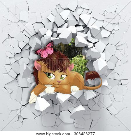 3d Background, Lionet Peeping From A Broken Wall. 3d Wall Looks Very Lovely And Also Brings Differen