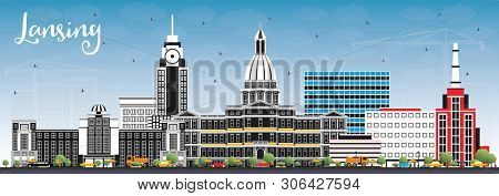 Lansing Michigan City Skyline with Color Buildings and Blue Sky. Business Travel and Concept with Historic Architecture. Lansing USA Cityscape with Landmarks.