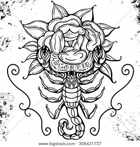 Beautiful Line Art Filigree Zodiac Symbol. Black Sign On Vintage Background. Vector Clipart. Elegant