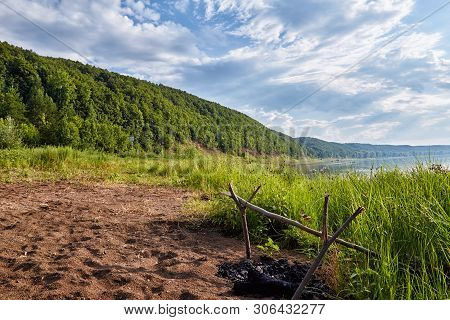Beautiful Summer Landscape In Bashkiria. Fireplace On The Banks Of The White River Surrounded By A V