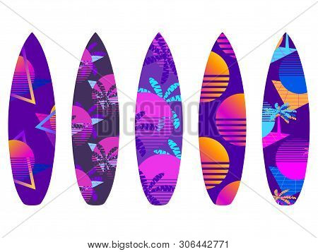 Surfboards On A White Background. Types Of Surfboards With A Pattern. Vector Illustration