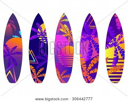 Surfboards On A White Background. Types Of Surfboards With A Pattern. Vector Illustration