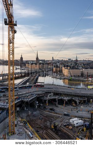 Editorial 27.03.2019 Stockholm Sweden. Construction Works Going On In Slussen With Riddarholmen And 