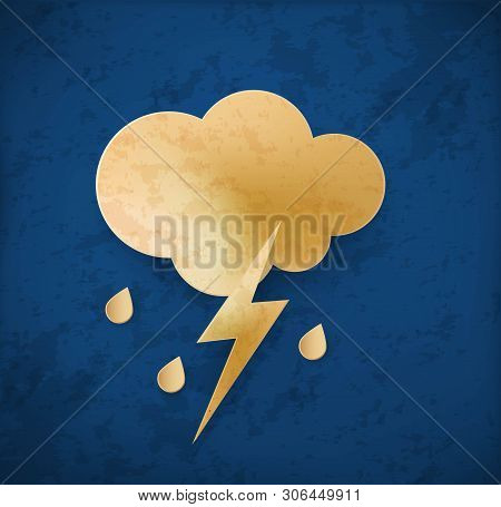 Vintage Weather Icon. Cloud Sky With Thunder Storm And Rain.