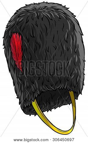 Cartoon Black British Army Bearskin. Tall Fur Cap With Red Feather. Isolated On White Background. Ve