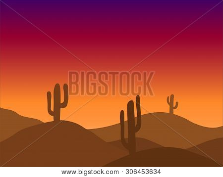 Cartoon Desert With Silhouettes Cactus And Mountain. Vector Illustration