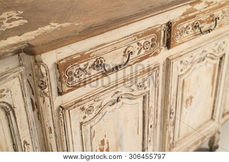 Luxurious Bright Interior With Vintage Chest Of Drawers. Close Up. Selective Focus.