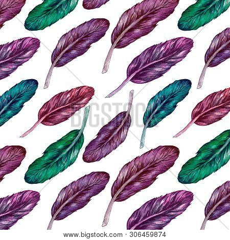 Hand Drawn Watercolor Paintings Vibrant Feather. Seamless Pattern.