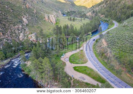 Poudre River and Canyon - aerial view with late spring scenery