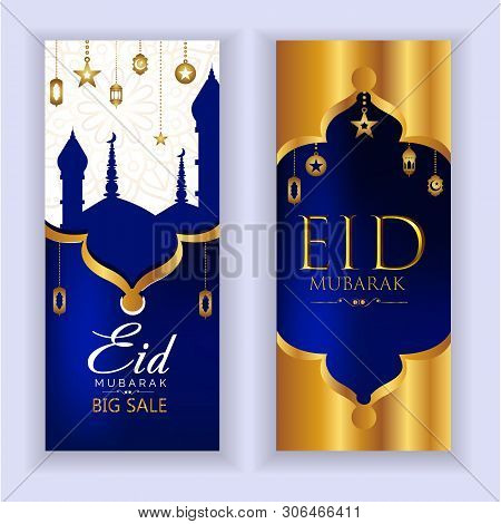 Eid Festival Golden And Blue Decorative Banner Design