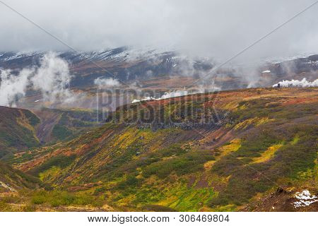View Of The Eastern Mountain Covered By Clouds, Jelizevo District, Peninsula Kamchatka. Water Vapor 