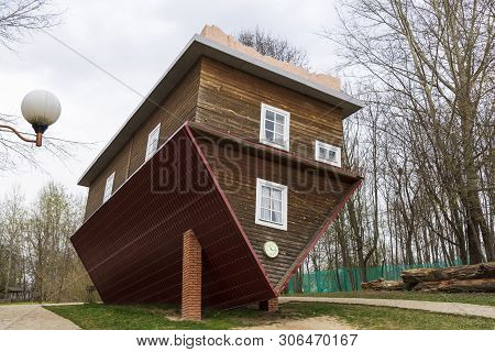 Dukora, Belarus - April 20, 2019: An Inverted House In The Village Of Dukora In Belarus