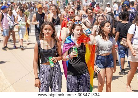 The Annual Parade Lgbt. Girls Lesbians Walking In The Gay Pride Parade. Parade Of Tolerance. Rainbow