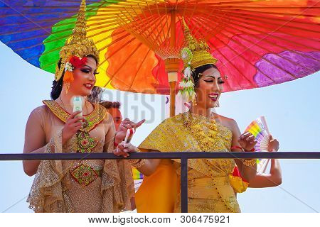 The Annual Parade Lgbt. Girls Lesbians In The Gay Pride Parade. Parade Of Tolerance. Rainbow Flags A