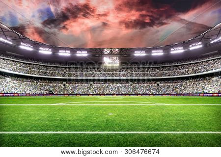 Soccer Field With Lights And Spectors Panorama 3d Rendering