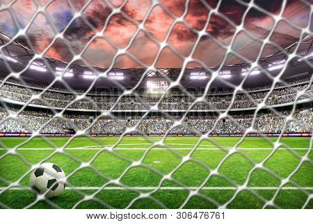 Soccer Field With Lights And Spectors Panorama 3d Rendering Behind The Net
