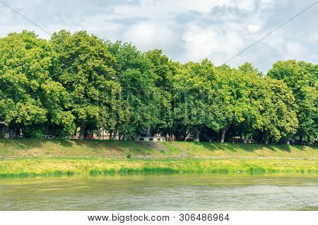 Linden Alley On The Embankment Of The River Uzh. Beautiful Summer Scenery. Popular Travel Destinatio