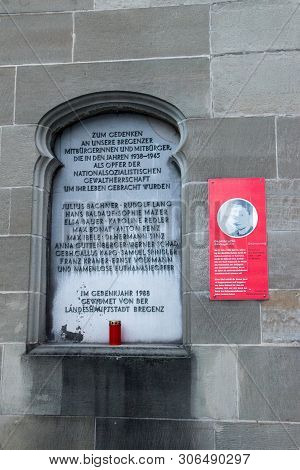 Bregenz, Austria - June 1, 2019: Memorial Plaque For Commemorate Bregenz Citizens Who Died During Ye