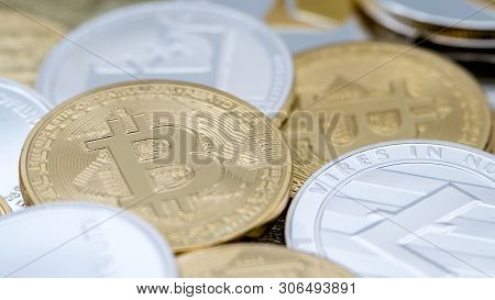 Diferent Physical Metal Currency Background. Cryptocurrency Coin