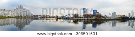 Panorama View Of Embankment Of Svisloch River In Center Of Minsk. Bearus