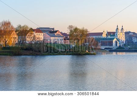 View Of Upper Town And Traetskae Pradmestse Or Trinity Suburb On Svisloch River Bank In Historical C