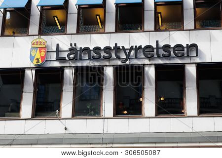 Stockholm, Sweden - June 10, 2019: The Stockholm County Administrative Board Sign With Its Coat Of A