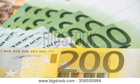 Euros Bills Of Different Values. Euro Bill Of Two Hundred