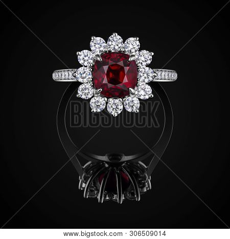 Wedding Ring Front View With Red Ruby And White Diamonds On Black Background With Reflection. Jewell