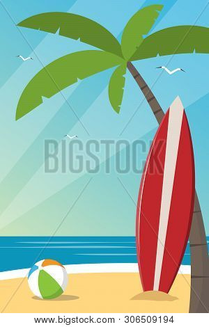 Vertical Image Of A Beach With A Surfboard. Place For Text. Vector Illustration.