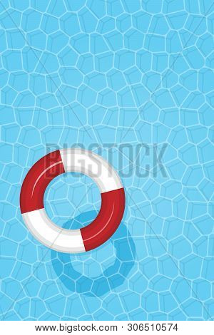 Vertical Image Of Pool Water With Inflatable Circle. Place For Text. Vector Illustration.