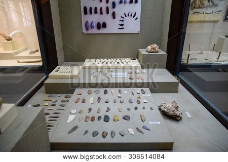 Antalya, Turkey - May 19, 2019: Exhibits Of The Antalya Museum Of Antiquities, Stone Scrapers And Kn