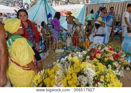 Salvador, Brazil - 2 February 2019: People During The Celebration Of Yemanja At Salvador Bahia On Br