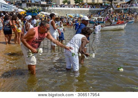 Salvador, Brazil - 2 February 2019: People During The Celebration Of Yemanja At Salvador Bahia On Br