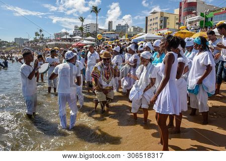 Salvador, Brazil - 2 February 2019: People During The Celebration Of Yemanja At Salvador Bahia On Br
