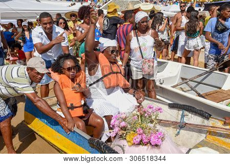 Salvador, Brazil - 2 February 2019: People During The Celebration Of Yemanja At Salvador Bahia On Br