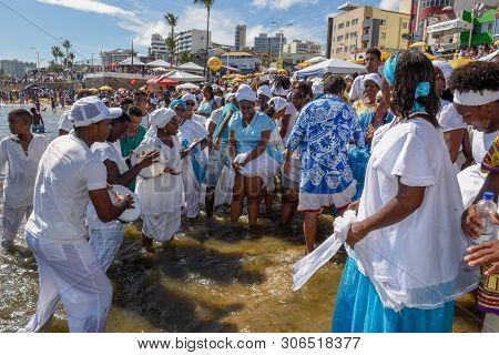 Salvador, Brazil - 2 February 2019: people during the celebration of Yemanja at Salvador Bahia on Br