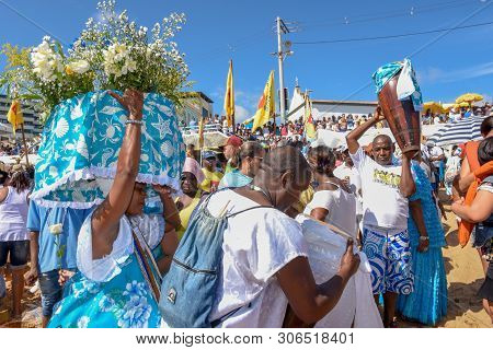 Salvador, Brazil - 2 February 2019: People During The Celebration Of Yemanja At Salvador Bahia On Br