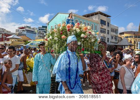 Salvador, Brazil - 2 February 2019: People During The Celebration Of Yemanja At Salvador Bahia On Br