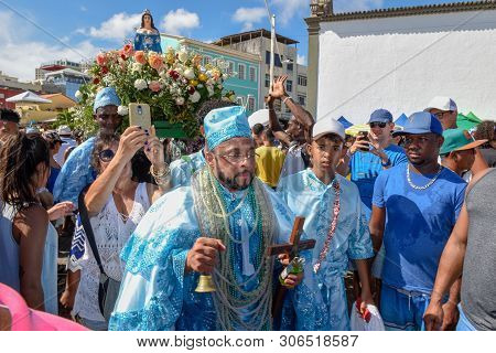 Salvador, Brazil - 2 February 2019: People During The Celebration Of Yemanja At Salvador Bahia On Br