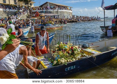 Salvador, Brazil - 2 February 2019: people during the celebration of Yemanja at Salvador Bahia on Br