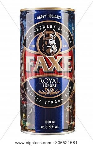 Kiev, Ukraine - June 11, 2019. Faxe Royal Export Is A Popular Lager Brewed By Faxe Bryggeri A/s, Dan