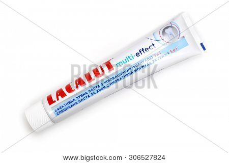 Kyiv, Ukraine - May 27, 2019: With more than 80 years, Lacalut is one of the oldest German dental care brands. Lacalut Aktiv medical toothpaste. 