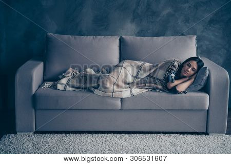 Full Length Body Size Side Profile Photo Beautiful She Her Lady Fell Asleep Hands Arms Under Head Dr