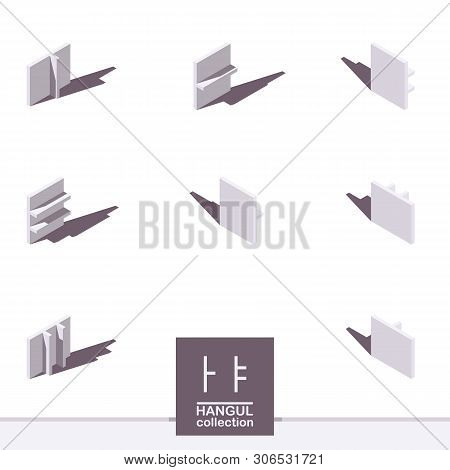 Korean Alphabet In Isometric Style, Drawn With White And Grey Shades And Shadows. Vector Collection 