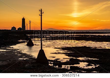 Sunset In Seltjarnarnes Lighthouse In Summer, Iceland