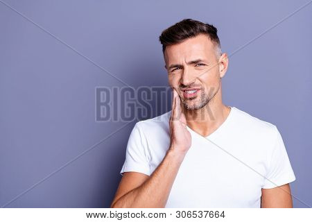 Close Up Photo Amazing He Him His Middle Age Macho Hand Arm Hold Cheekbone Teeth Terrible Pain Injur