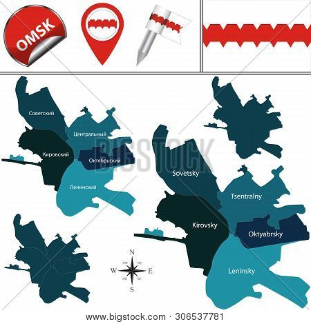 Vector Map Of Omsk, Russia With Named Districts. There Is Variation Of Map Where Districts Are Signe